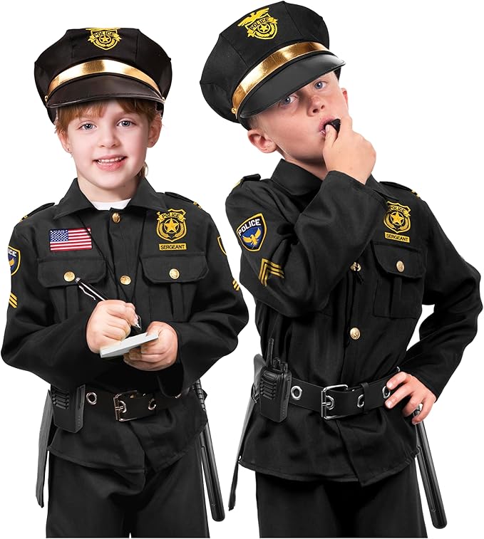 Kangaroo Police Costume for Kids – 12 Pc Black Cop Outfit with Hat, Badge, Handcuffs, Holster & More