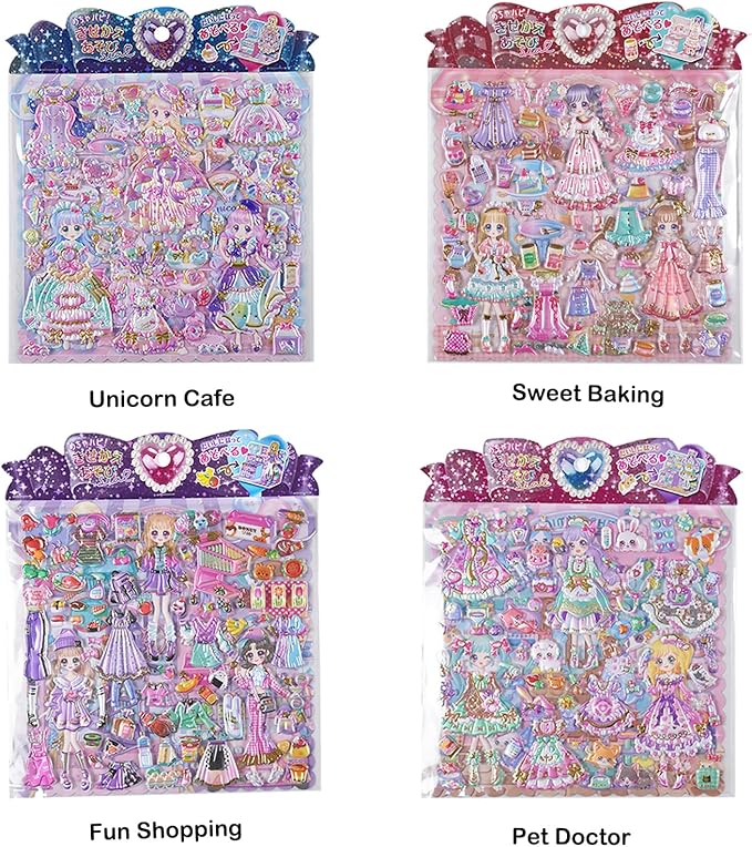 Princess Dress up Sticker Book,Reusable 3D Puffy (3Packs,6 Sheets,360+pieces)with Pearl Gold Color,Pet, Kitchen Baking&Shopping,for Craft Activity Book,Birthday Gift& Busy Book on Road Trip/Air Travel