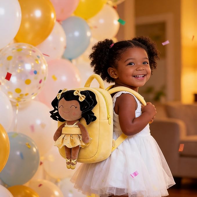 Gloveleya Toddler Backpack Baby Ballerina Girl Gifts Plush Curly Hair Ballet Backpack - Black Blonde 9 inches