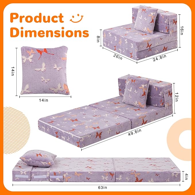 MeMoreCool Foldable Futon Chair Bed for Kids, Glow Tri-fold Sofa Bed Convertible Toddler Sofa Mattress, Foam Floor Couch for Sitting, Purple