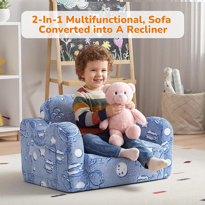 MeMoreCool Glowing Astronaut Planet Kids Chair, 2-in-1 Glow-in-the-Dark Space Kids Couch Fold Out to Lounger, Comfy Foam Sofa for Boys Ages 1-3, Convertible Recliner with Washable Cover | Reading, Relaxing