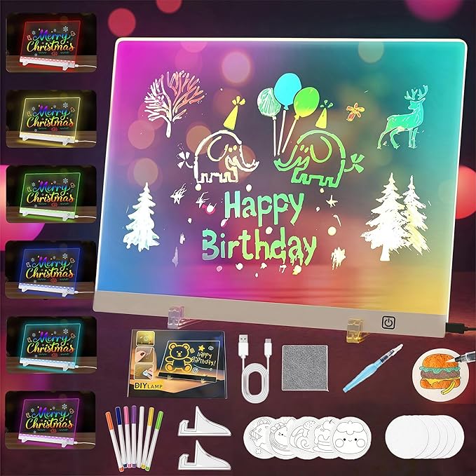 LED Drawing Board, Glow Acrylic Dry Erase Message Board with Light, 7 Colors & 4 Modes with Stand, Night Light for Room, Get Extra 7 Markers & 10pcs 3D Magic Puffy Paint Kit (11.8'' x 7.9'')