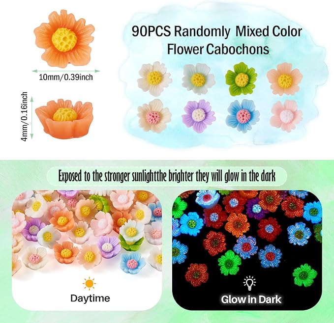 90Pcs Glow in The Dark Resin Flower Charms for Craft Daisy Flower Nail Charms Luminous Daisy Flatback Cabochons for Scrapbooking Phone Case Decor Hair Chip Fairy Garden Decor