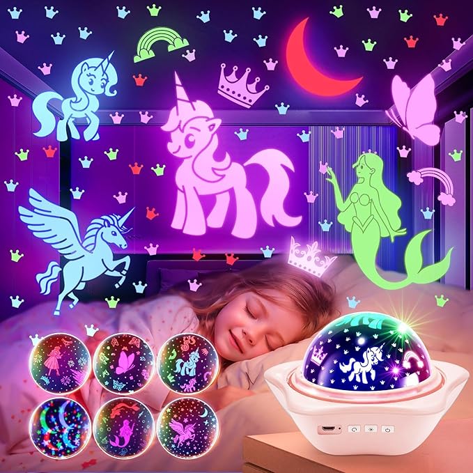 PIKOY Unicorn Room Decor for Girls Bedroom, 96 Lights+6 Films Unicorn Night Light for Girls Room Decor, Princess+Mermaid+Butterfly Lamp, 360° Rotation+Cordless 3-6 Year Old Girl Birthday Gift Ideas
