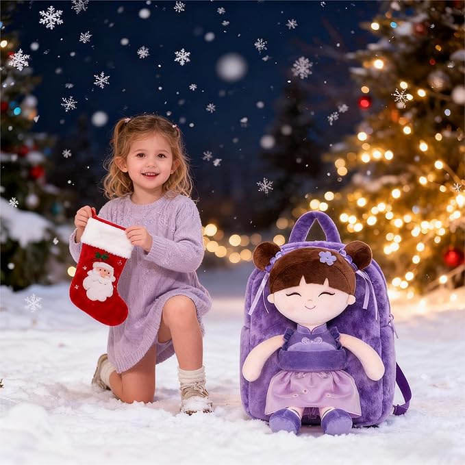 Gloveleya Back to School Gifts for Girls Kids Backpack Toddler Backpack Soft Plush Asian Girl Doll Backpacks Purple 9"