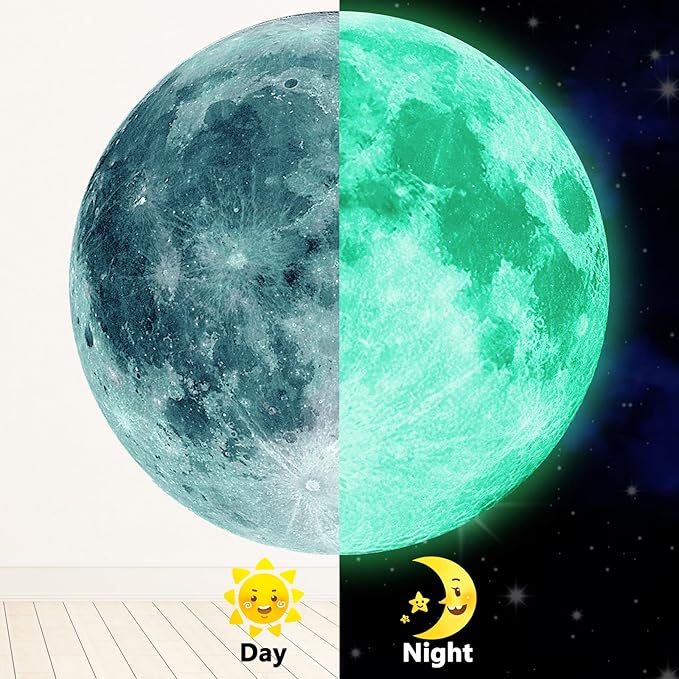 Glow in The Dark Moon Wall Decal, Glow in The Dark Stickers for Kids Bedroom, Glow in The Dark Moon Stickers for Ceiling, Glow in The Dark Poster 11.8 inch