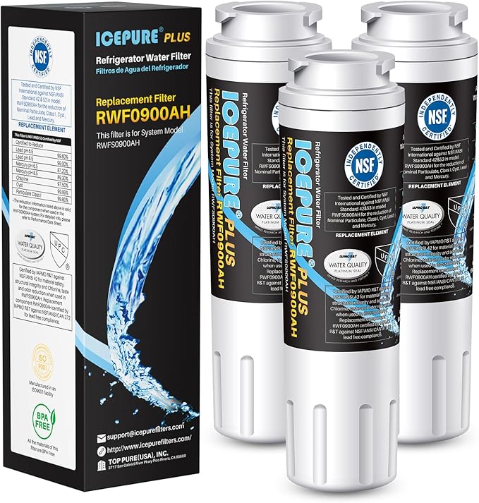 ICEPURE PLUS UKF8001 NSF/ANSI 53 Certified Replacement for Everydrop EDR4RXD1, Whirlpool Filter 4, Maytag UKF8001AXX-200, MPF15090, WF-UKF8001, Puriclean II, RWF0900A Refrigerator Water Filter, 3PACK