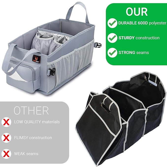 Easy-to-Reach Kids Car Organizer with Tissue Box and Cup Holder for Back Seat, Front Seat, Between Seats, Floor - Tote Car Storage Organization for Toddlers - Kids Road Trip Travel Essentials (Grey)