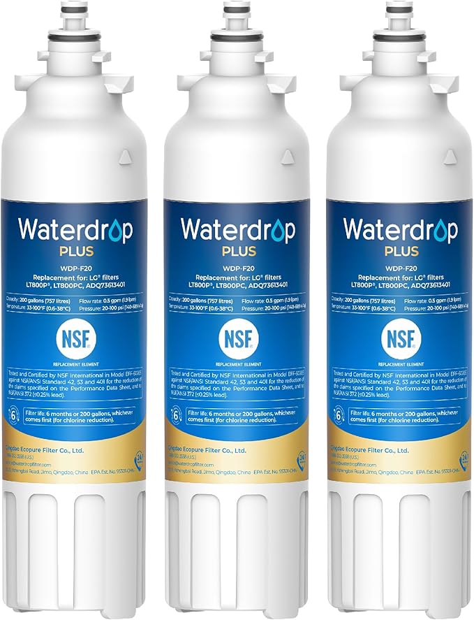 Waterdrop Plus ADQ73613401 NSF 401&53 Certified Refrigerator Water Filter, Reduce Lead&PFAS, Replacement for LG® LT800P®, ADQ73613402, ADQ75795104, Kenmore 9490, 3 Pack (Package May Vary)