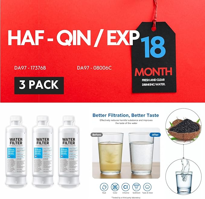 HAF-QIN/EXP DA97 Water Filter Replacement – Compatible with DA97-17376B – Carbon Block 99% Contaminant Reduction – Fresh Water & Ice – 18 Month Life 3 PACK