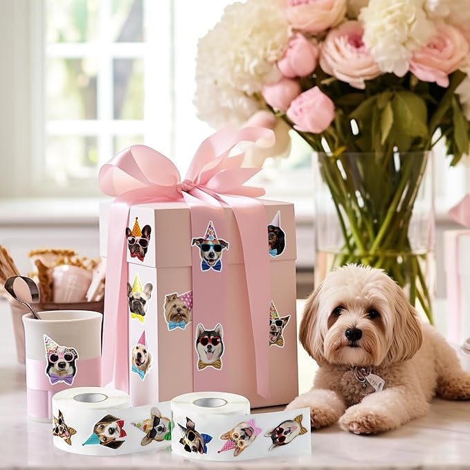 CNhoqc Puppy Birthday Sticker Rolls - 1000pcs Realistic Birthday Dog Hat Waterproof Vinyl Reusable Laptop Letter Stickers Self-Adhesive Scrapbook Water Bottle Greeting Cards Party Supplies Skateboard