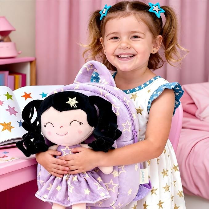 Gloveleya Toddler Backpacks Baby Girl Gifts Curly Hair Plush Figures Dress Backpack Kids Backpack Curly Hair Spring Girl - Black Head Purple Star 9inches