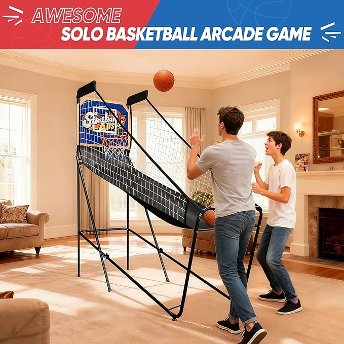 Foldable Electronic Arcade Basketball Game with Electronic Scorer & Buzzer 3 Basketballs & Pump, Pop-Up Game, Indoor Basketball Arcade Game for Kids Adults