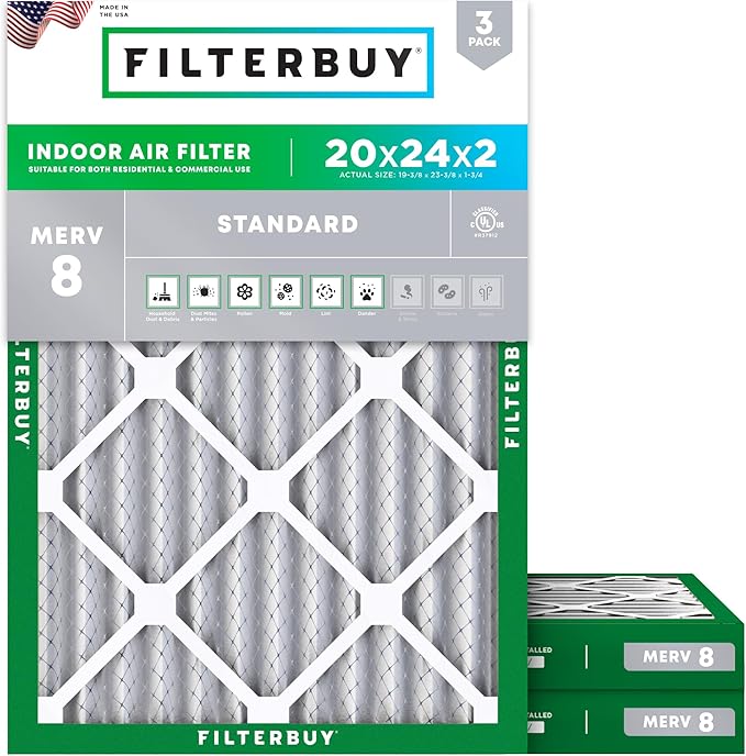 Filterbuy 20x24x2 Air Filter MERV 8 Essential Dust & Allergy Defense (3-Pack), Electrostatic Pleated HVAC AC Furnace Filters Replacement (Actual Size: 19.38 x 23.38 x 1.75)