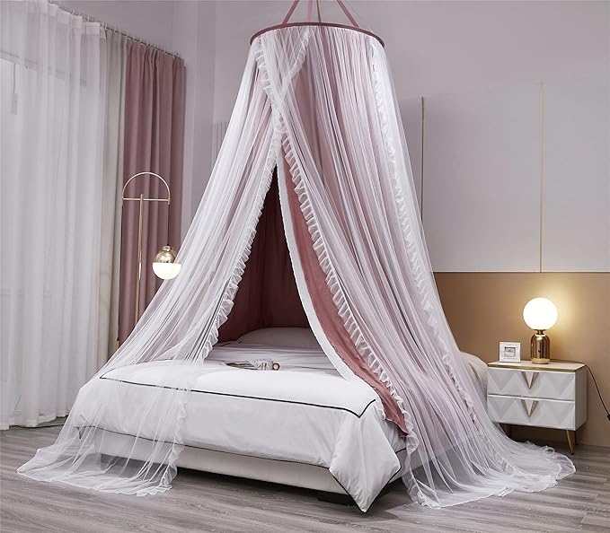 VETHIN Double Layer Princess Round Dome Canopy Bed Curtain for Girls Adults,Children Dreamy Mosquito Net,Cute Bedroom Decoration Castle Play Tent Reading Nook Canopies (Dome-Rust Red/White)
