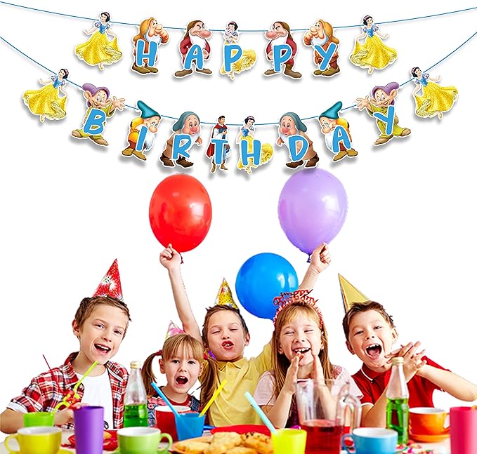 "Snow White and the Sevn Dwafs Happy Birthday Banner – Cartoon Princess Theme Birthday Party Decoration – Colorful Fairy Tale Banner for Girls Birthday Party, Photo Booth,Party Backdrop Décor"