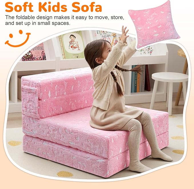 MeMoreCool Glow Pink Unicorn Tri-fold Sofa Bed for Kids, Foldable Futon Chair and Floor Couch, Convertible Trifold Mattress for Playroom