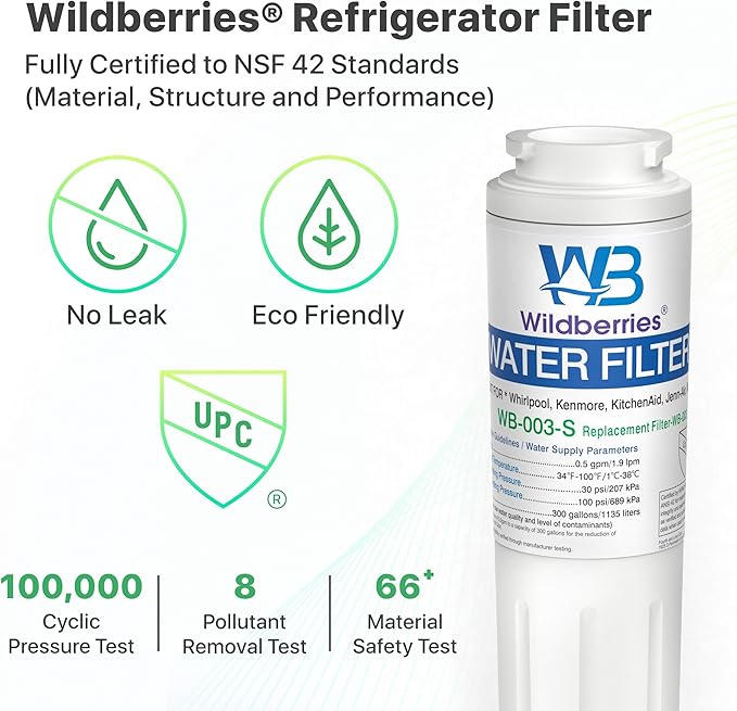 Wildberries UKF8001 Refrigerator Water Filter 4 Replacement for Whirlpool®, EveryDrop® EDR4RXD1, WHR4RXD1, 4396395, WRF535SWHZ00 to WRF535SWHZ10, WRF555SDFZ00 to WRF555SDFZ15, FMM-2, 46-9006, 1-PACK