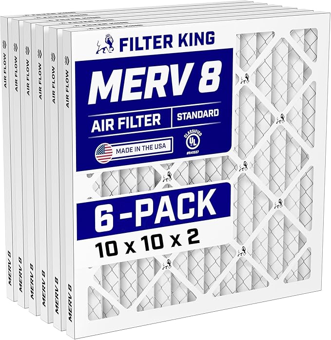 Filter King 10x10x2 Air Filter (MERV 8) (6-Pack) Dust & Allergy Control AC Furnace Filters, MADE IN USA, HVAC, Pleated, Electrostatic (Actual Size: 9.5 x 9.5 x 1.75)