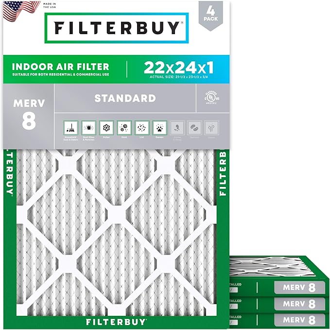 Filterbuy 22x24x1 Air Filter MERV 8 Essential Dust & Allergy Defense (4-Pack), Electrostatic Pleated HVAC AC Furnace Filters Replacement (Actual Size: 21.50 x 23.50 x 0.75)