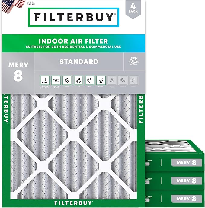 Filterbuy 18x25x2 Air Filter MERV 8 Essential Dust & Allergy Defense (4-Pack), Electrostatic Pleated HVAC AC Furnace Filters Replacement (Actual Size: 17.50 x 24.50 x 1.75)