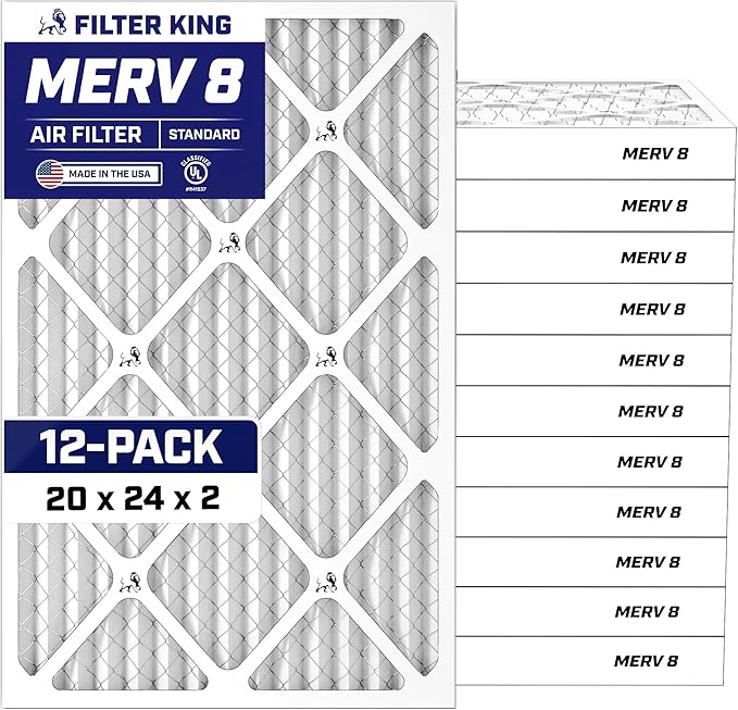 Filter King 20x24x2 Air Filter (MERV 8) (12-Pack) Dust & Allergy Control AC Furnace Filters, MADE IN USA, HVAC, Pleated, Electrostatic (Actual Size: 19.5 x 23.5 x 1.75)