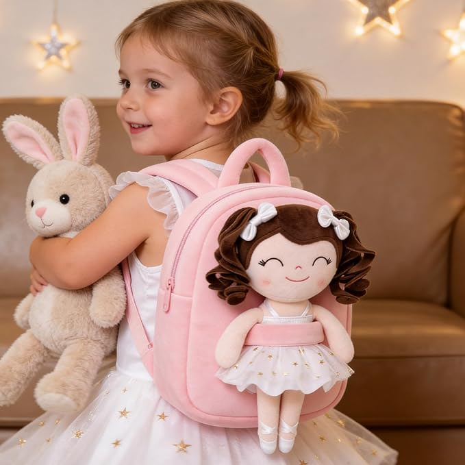 Gloveleya Toddler Backpack Baby Ballerina Girl Gifts Plush Curly Hair Ballet Backpack - White 9 inches