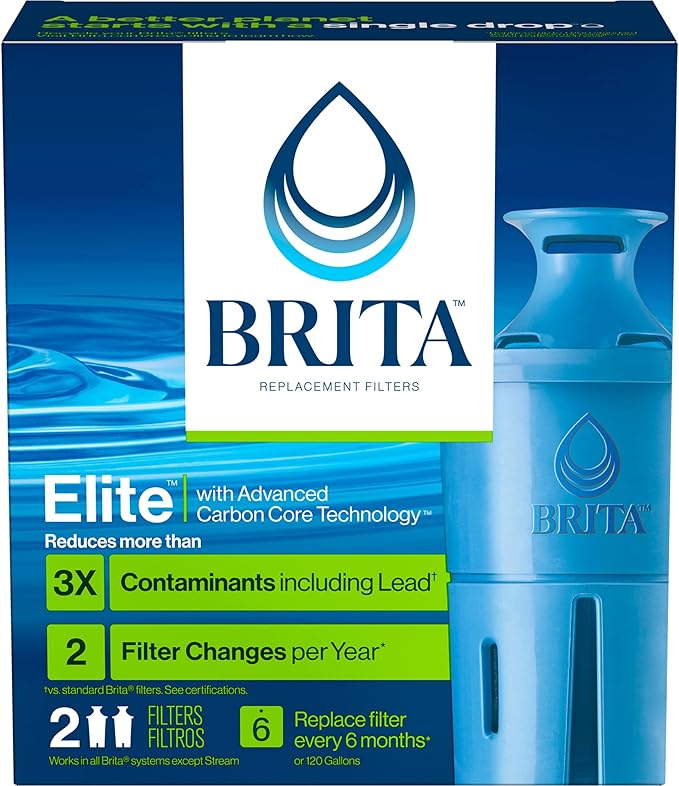 Brita Filter Replacements for Water Pitchers and Dispensers, Elite, NSF Certified to Remove 99% of Lead, 2 Count, Blue