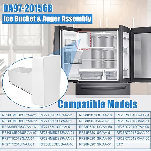 Upgraded DA97-20156B Refrigerator Ice Bucket Compatible with Samsung Refrigerator Ice Container Assembly RF28R7351SG, RF28R7201SG, RF27T5241SG, etc, Ice Maker Ice Bin, One Year Warranty