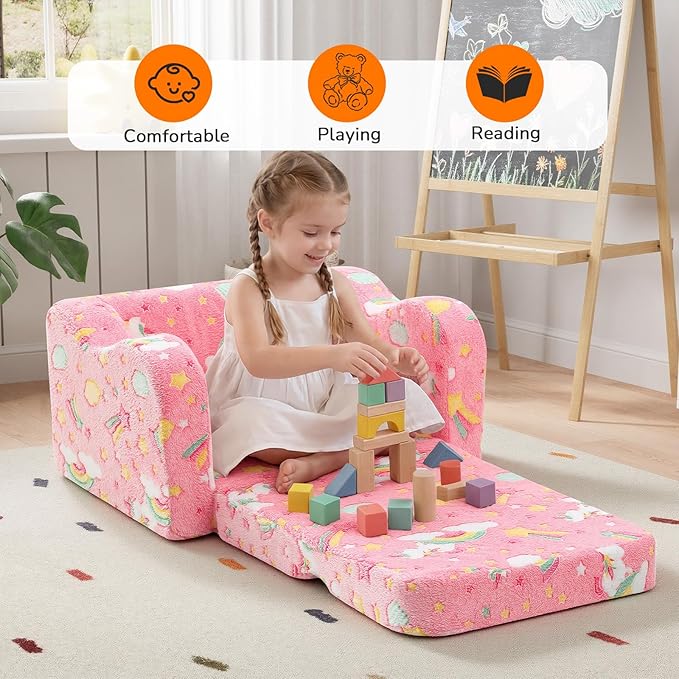 MeMoreCool Glowing Pink Rainbow Kids Chair, 2-in-1 Glow-in-the-Dark Kids Couch Fold Out Sofa for Girls, Comfy Plush Foam Recliner for Playroom Nursery, Washable Cover, Ages 1-3 | Reading, Lounging