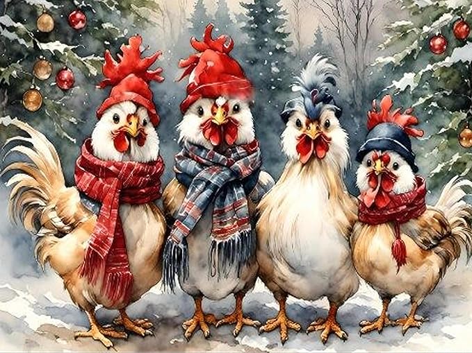 Ekuxom Chicken Diamond Art Kits for Adults, Winter Christmas Diamond Art Kits for Adults, Full Round Christmas Chicken Diamond Painting Gem Art Home Wall Decor 16x12 inch
