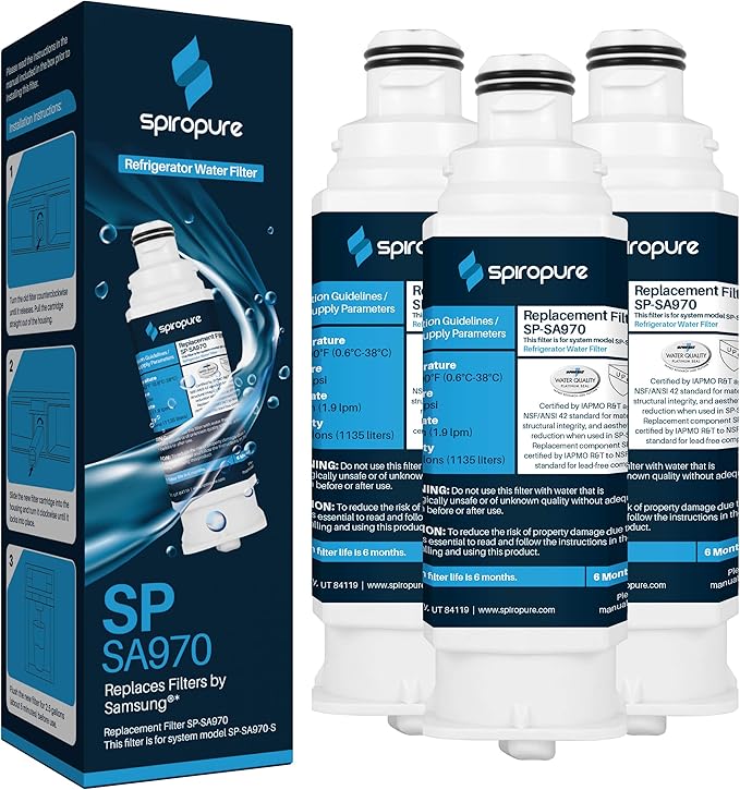 SpiroPure SP-SA970 NSF Certified Refrigerator Water Filter Replacement HAF-QIN, DA97-17376B, HAF-QIN/EXP, DA97-08006C, AQF-DA97-17376B, DA97-08007C, HAF QINS (3 Pack)