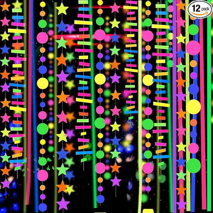 702feet Paper UV Neon Garland Neon Streamers Glow in The Dark Neon Party Supplies and Decorations Glow in The Dark Streamers Blacklight Reactive Fluorescent Black Light Party Kit for Birthday Wedding