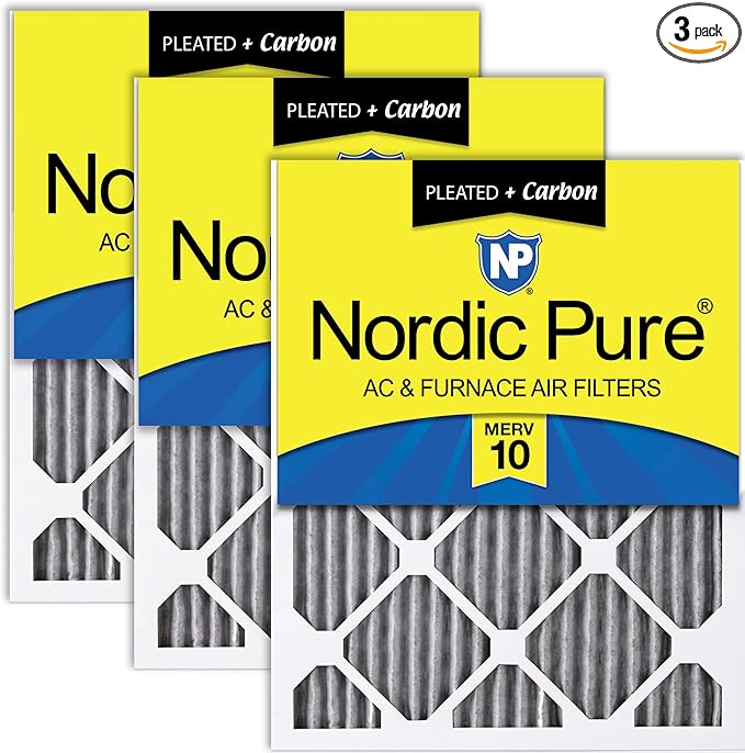 Nordic Pure 16x25x1 (Actual Size: 15 1/2 x 24 1/2 x 3/4) Furnace Air Filters MERV 10 Pleated Plus Carbon 3 Pack