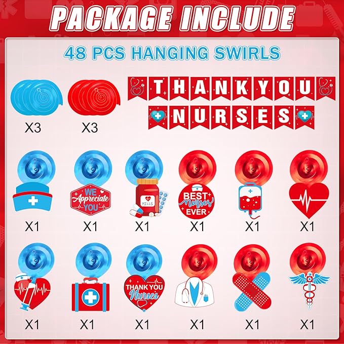 Thank You Nurse Banner and Hanging Swirl Set, Hanging Swirl Banner for Nurses Week Nurse Day Decoration Doctor Medical Themed Party Nurse Appreciation RN Graduation Party Decorations(Red)