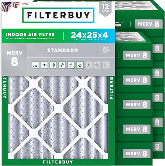 Filterbuy 24x25x4 Air Filter MERV 8 Essential Dust & Allergy Defense (12-Pack), Electrostatic Pleated HVAC AC Furnace Filters Replacement (Actual Size: 23.75 x 24.75 x 3.63)