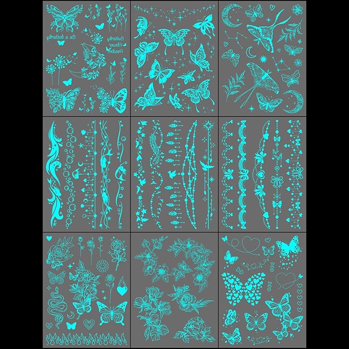 Realistic Butterfly Blue Glow in the Dark Tattoo Temporary for Adult Women, Luminous Flower Butterfly Leaf Face Fake Tattoo Sticker Girl Arm Hand, Sexy Floral Moth Temp Tatoo Body Art Makeup, 9-Sheet