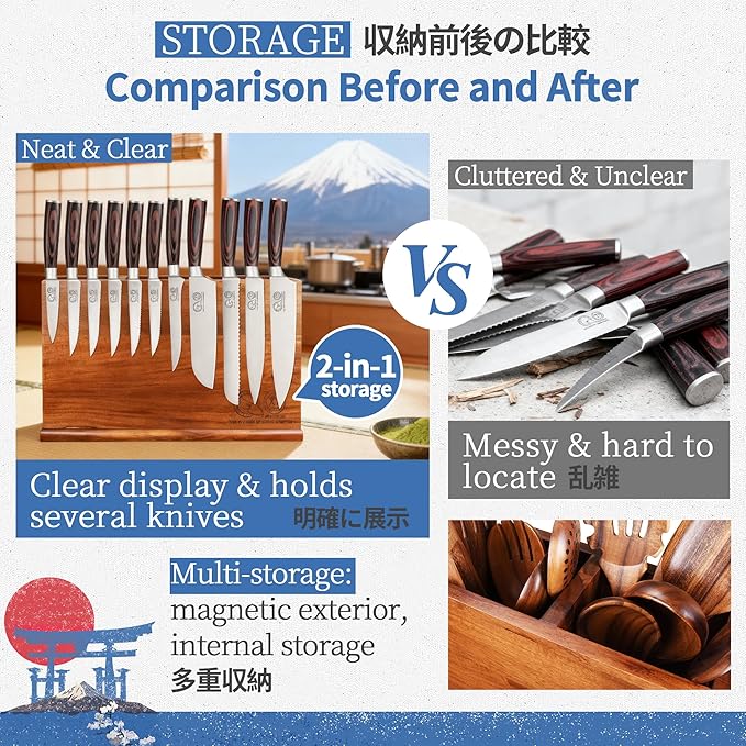 XYJ Acacia Wood Utensil Holder with Magnetic Exterior – 3-Compartment Organizer for Kitchen Tools, Spoons, Spatulas, Rustic Countertop Caddy, Magnetic Knife Block without Knives & Tools