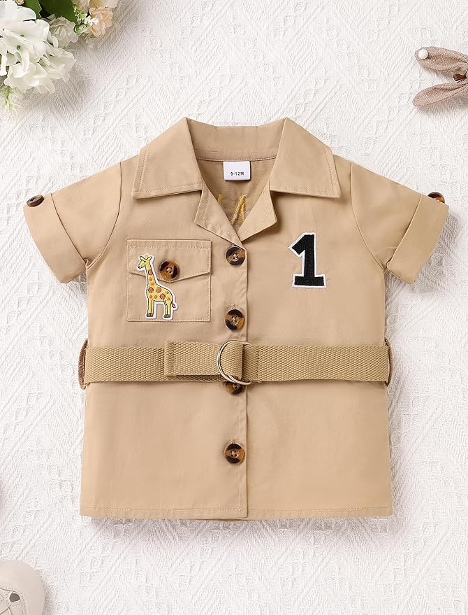 ODASDO Baby Boy Jungle Safari 1st Birthday Cake Smash Outfit Button Down Shirt + Shorts + Hat + Bandana + Belt 5pcs Set