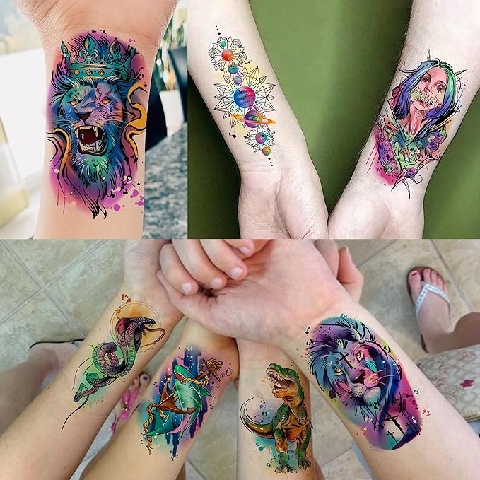 66 Sheets Watercolor Temporary Tattoos For Men Women Forearm Shoulder Legs Body Arm, 12 Sheets Long Lasting Lion Tiger Wolf Dragon Ealge Fake Tattoo Sleeve Adults, 54 Sheets Groovy Small Tatoos Kids