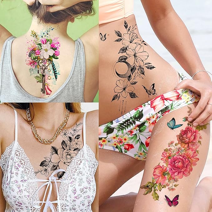 18 Sheets Sexy Flower Rose Temporary Tattoos For Women Girls Adults, Women Body Art Fake Arm Tattoo Stickers, Waterproof Moon Butterfly Black Floral Tattoo Temporary Orchid Dahlia Neck Tatoos
