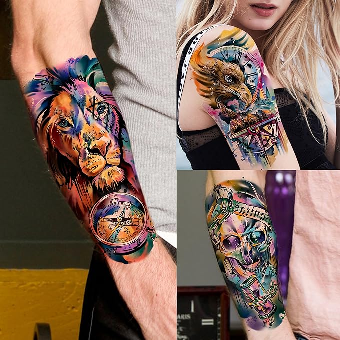 66 Sheets Watercolor Temporary Tattoos For Men Women Forearm Shoulder Legs Body Arm, 12 Sheets Long Lasting Lion Tiger Wolf Dragon Ealge Fake Tattoo Sleeve Adults, 54 Sheets Groovy Small Tatoos Kids