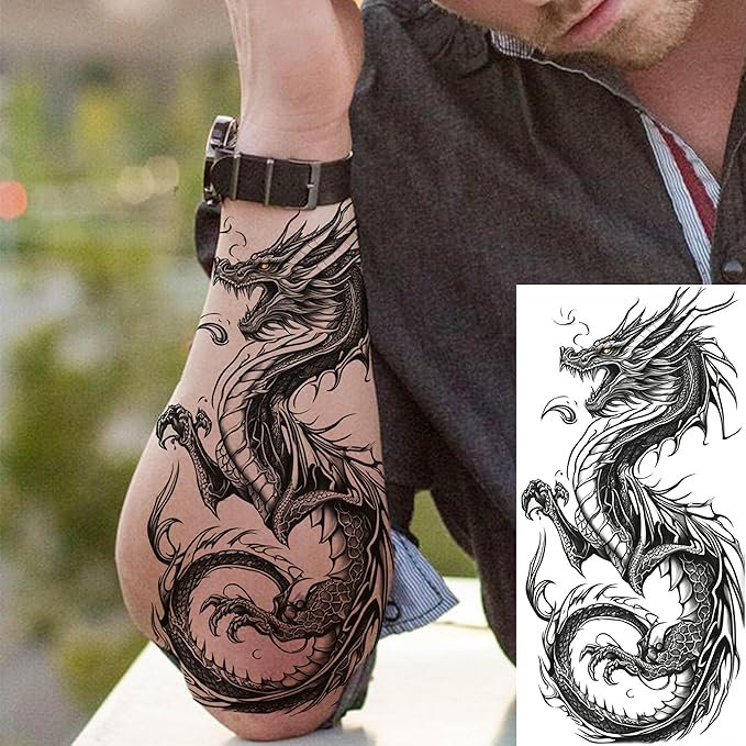 8 Sheets Cool Dragon Temporary Tattoos For Men Women Adults, Black Realistic Dragon Tattoo Sticker Half Arm Sleeve, Waterproof Tribal Totem Fake Tattoos That Look Real and Long Lasting Set Kit