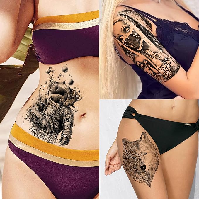 49 Sheets Tribal Black Temporary Tattoos For Women Men Adults Body Arm, Long Lasting Maori Wolf Tiger Lion Spartan Warrior Gladiator Fake Tattoo Stickers Gangster Rose Skull, Bulk Halloween Tattoos