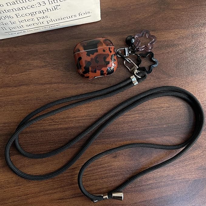 for AirPods 4 Case - Black Brown Leopard Print Design, Soft TPU Protective Cover with Detachable Neck Strap & Hand Strap, Shockproof Travel Accessories for Women Men (Stylish, Cute, Unisex)