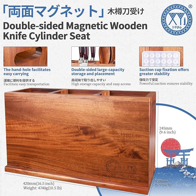 XYJ Acacia Wood Utensil Holder with Magnetic Exterior – 3-Compartment Organizer for Kitchen Tools, Spoons, Spatulas, Rustic Countertop Caddy, Magnetic Knife Block without Knives & Tools