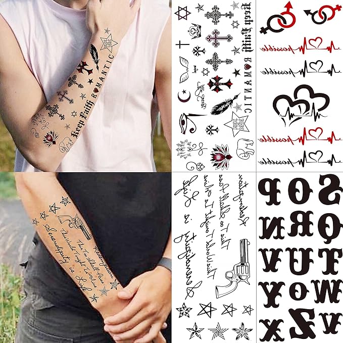 18 Sheets Black Inspired Quotes Temporary Tattoos For Women Kids Children Long Lasting Letter Alphabet Words Fake Tattoo Stickers Birds Cross ECG infinity Moon Star Neck Arm Tatoo For Men Adult