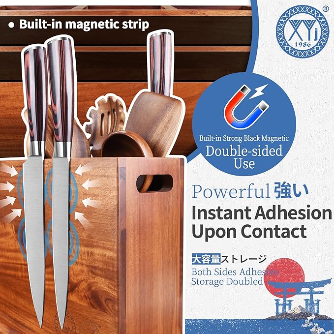XYJ Acacia Wood Utensil Holder with Magnetic Exterior – 3-Compartment Organizer for Kitchen Tools, Spoons, Spatulas, Rustic Countertop Caddy, Magnetic Knife Block without Knives & Tools