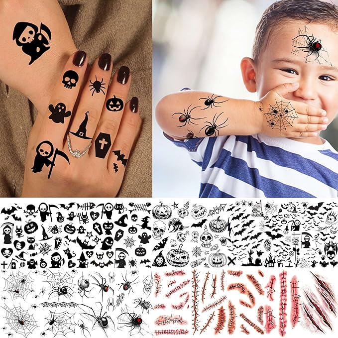 236+ PCS 45 Sheets Halloween Temporary Tattoos For Kids Zombie Makeup Kits 3D Bats Spider Web Witch Small Black Ghost Pumpkin Face Stitches Fake Scar Tattoo Stickers For Women Adult Men Skull