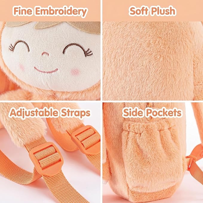Gloveleya Back to School Gifts for Girls Toddler Backpack Plush Bag with Detachable Orange Rabbit 11 Inches Gift for Baby Girl Aged 2+